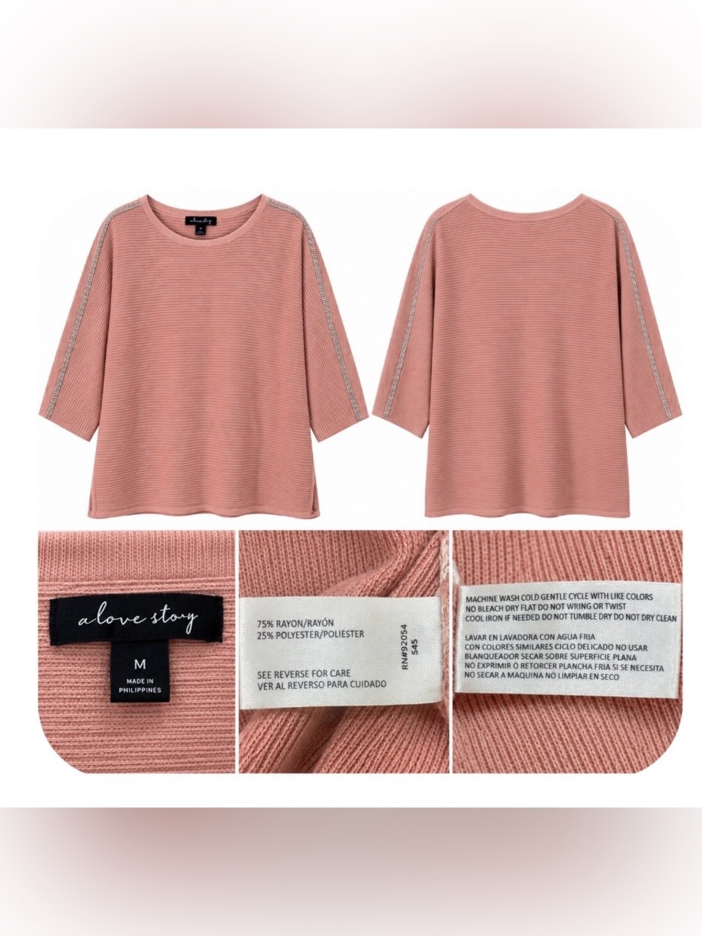 A Love Story Pink Ribbed Rhinestone Sleeve Sweater Top Size 2X NWT